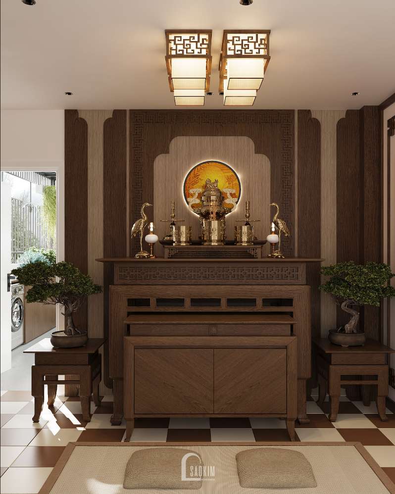 Không gian phòng thờ phong cách Wabi Sabi trong thiết kế nhà phố Long Biên
